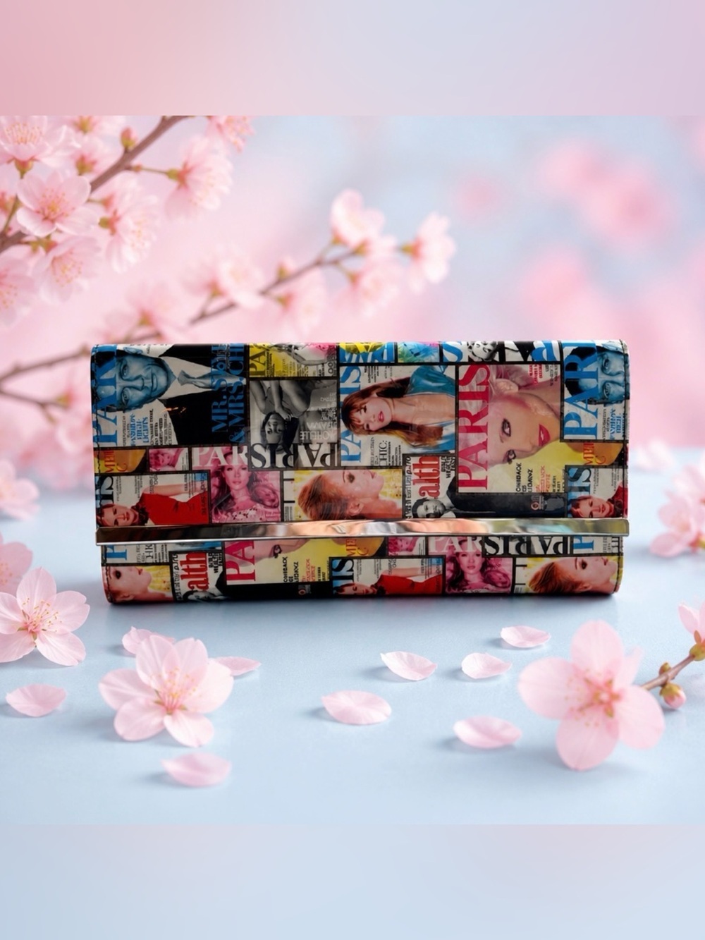 Paris Magazine Vintage Retro Multi Color Envelope Clutch Chain Handle Pop Art